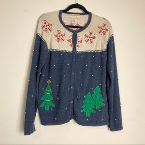 Norm Thompson Blue Christmas Tree Cardigan Sweater M